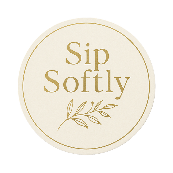 Circle with 'Sip Softly' text and leaf design on a white background